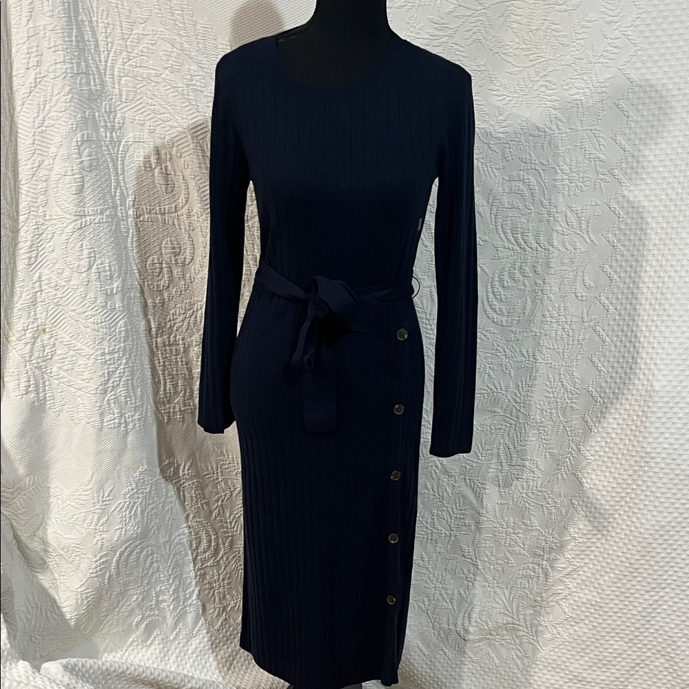 Ann Taylor belted rib knit navy sweater dress, size small, NWT